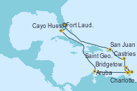Visitando Fort Lauderdale (Florida/EEUU), Cayo Hueso (Key West/Florida), Aruba (Antillas), Charlotteville (Tobago), Saint George (Grenada), Bridgetown (Barbados), Castries (Santa Lucía/Caribe), San Juan (Puerto Rico), Fort Lauderdale (Florida/EEUU)