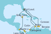 Visitando Fort Lauderdale (Florida/EEUU), Aruba (Antillas), Cartagena de Indias (Colombia), Lago Gatun (Panamá), Colón (Panamá), Puerto Limón (Costa Rica), Gran Caimán (Islas Caimán), Fort Lauderdale (Florida/EEUU), Curacao (Antillas), Bonaire (Países Bajos), Aruba (Antillas), Fort Lauderdale (Florida/EEUU)
