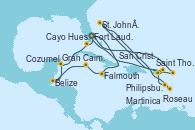 Visitando Fort Lauderdale (Florida/EEUU), Falmouth (Jamaica), Gran Caimán (Islas Caimán), Belize (Caribe), Cozumel (México), Cayo Hueso (Key West/Florida), Fort Lauderdale (Florida/EEUU), Philipsburg (St. Maarten), St. John´s (Antigua y Barbuda), Roseau (Dominica), Martinica (Antillas), San Cristóbal y Nieves, Saint Thomas (Islas Vírgenes), Fort Lauderdale (Florida/EEUU)