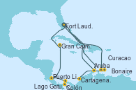 Visitando Fort Lauderdale (Florida/EEUU), Curacao (Antillas), Bonaire (Países Bajos), Aruba (Antillas), Fort Lauderdale (Florida/EEUU), Aruba (Antillas), Cartagena de Indias (Colombia), Lago Gatun (Panamá), Colón (Panamá), Puerto Limón (Costa Rica), Gran Caimán (Islas Caimán), Fort Lauderdale (Florida/EEUU)