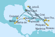 Visitando Fort Lauderdale (Florida/EEUU), Philipsburg (St. Maarten), St. John´s (Antigua y Barbuda), Roseau (Dominica), Martinica (Antillas), San Cristóbal y Nieves, Saint Thomas (Islas Vírgenes), Fort Lauderdale (Florida/EEUU), Falmouth (Jamaica), Gran Caimán (Islas Caimán), Bahia de Mahogany (Honduras), Belize (Caribe), Cozumel (México), Fort Lauderdale (Florida/EEUU)