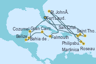 Visitando Fort Lauderdale (Florida/EEUU), Falmouth (Jamaica), Gran Caimán (Islas Caimán), Bahia de Mahogany (Honduras), Belize (Caribe), Cozumel (México), Fort Lauderdale (Florida/EEUU), Philipsburg (St. Maarten), St. John´s (Antigua y Barbuda), Roseau (Dominica), Martinica (Antillas), San Cristóbal y Nieves, Saint Thomas (Islas Vírgenes), Fort Lauderdale (Florida/EEUU)
