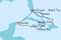 Visitando Fort Lauderdale (Florida/EEUU), Ocho Ríos (Jamaica), Gran Caimán (Islas Caimán), Cozumel (México), Fort Lauderdale (Florida/EEUU), Nassau (Bahamas), Amber Cove (República Dominicana), Grand Turks(Turks & Caicos), Fort Lauderdale (Florida/EEUU)