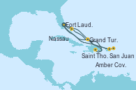 Visitando Fort Lauderdale (Florida/EEUU), Nassau (Bahamas), Amber Cove (República Dominicana), Grand Turks(Turks & Caicos), Fort Lauderdale (Florida/EEUU), Grand Turks(Turks & Caicos), San Juan (Puerto Rico), Saint Thomas (Islas Vírgenes), Fort Lauderdale (Florida/EEUU)