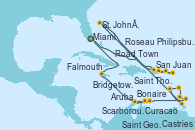 Visitando Miami (Florida/EEUU), San Juan (Puerto Rico), Saint Thomas (Islas Vírgenes), Road Town (Isla Tórtola/Islas Vírgenes), Philipsburg (St. Maarten), St. John´s (Antigua y Barbuda), Castries (Santa Lucía/Caribe), Roseau (Dominica), Bridgetown (Barbados), Saint George (Grenada), Scarborough (Trinidad & Tobago), Bonaire (Países Bajos), Aruba (Antillas), Curacao (Antillas), Falmouth (Jamaica), Miami (Florida/EEUU)