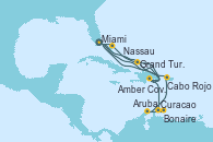 Visitando Miami (Florida/EEUU), Amber Cove (República Dominicana), Grand Turks(Turks & Caicos), Nassau (Bahamas), Miami (Florida/EEUU), Grand Turks(Turks & Caicos), Amber Cove (República Dominicana), Curacao (Antillas), Bonaire (Países Bajos), Aruba (Antillas), Cabo Rojo, Miami (Florida/EEUU)
