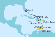 Visitando Miami (Florida/EEUU), Grand Turks(Turks & Caicos), Amber Cove (República Dominicana), Curacao (Antillas), Bonaire (Países Bajos), Aruba (Antillas), Cabo Rojo, Miami (Florida/EEUU)