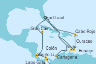 Visitando Fort Lauderdale (Florida/EEUU), Aruba (Antillas), Cartagena de Indias (Colombia), Lago Gatun (Panamá), Colón (Panamá), Puerto Limón (Costa Rica), Gran Caimán (Islas Caimán), Fort Lauderdale (Florida/EEUU), Bonaire (Países Bajos), Curacao (Antillas), Cabo Rojo, Fort Lauderdale (Florida/EEUU)