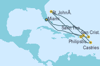 Visitando Miami (Florida/EEUU), Philipsburg (St. Maarten), St. John´s (Antigua y Barbuda), Castries (Santa Lucía/Caribe), San Cristóbal y Nieves, Saint Thomas (Islas Vírgenes), Miami (Florida/EEUU)