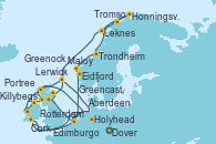 Visitando Dover (Inglaterra), Rotterdam (Holanda), Edimburgo (Escocia), Aberdeen (Escocia), Lerwick (Escocia), Portree (Reino Unido), Killybegs (Irlanda), Greencastle (Irlanda), Greenock (Escocia), Greenock (Escocia), Holyhead (Gales/Reino Unido), Cork (Irlanda), Dover (Inglaterra), Rotterdam (Holanda), Eidfjord (Hardangerfjord/Noruega), Maloy (Noruega), Trondheim (Noruega), Leknes (Noruega), Tromso (Noruega), Honningsvag (Noruega), Lerwick (Escocia), Dover (Inglaterra)