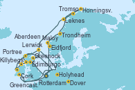 Visitando Rotterdam (Holanda), Edimburgo (Escocia), Aberdeen (Escocia), Lerwick (Escocia), Portree (Reino Unido), Killybegs (Irlanda), Greencastle (Irlanda), Greenock (Escocia), Greenock (Escocia), Holyhead (Gales/Reino Unido), Cork (Irlanda), Dover (Inglaterra), Rotterdam (Holanda), Eidfjord (Hardangerfjord/Noruega), Maloy (Noruega), Trondheim (Noruega), Leknes (Noruega), Tromso (Noruega), Honningsvag (Noruega), Lerwick (Escocia), Dover (Inglaterra), Rotterdam (Holanda)