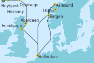 Visitando Reykjavik (Islandia), Heimaey (Islas Westmann/Islandia), Djupivogur (Islandia), Aberdeen (Escocia), Edimburgo (Escocia), Rotterdam (Holanda), Aalesund (Noruega), Olden (Noruega), Bergen (Noruega), Rotterdam (Holanda)