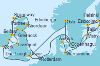 Visitando Rotterdam (Holanda), Copenhague (Dinamarca), Aarhus (Dinamarca), Warnemunde (Alemania), Tallin (Estonia), Helsinki (Finlandia), Estocolmo (Suecia), Visby (Suecia), Oslo (Noruega), Dover (Inglaterra), Rotterdam (Holanda), Edimburgo (Escocia), Aberdeen (Escocia), Stornoway (Isla de Lewis/Escocia), Portree (Reino Unido), Belfast (Irlanda), Greenock (Escocia), Liverpool (Reino Unido), Dun Laoghaire (Dublin/Irlanda), Cork (Irlanda), Dover (Inglaterra), Rotterdam (Holanda)