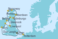 Visitando Dover (Inglaterra), Rotterdam (Holanda), Edimburgo (Escocia), Aberdeen (Escocia), Stornoway (Isla de Lewis/Escocia), Portree (Reino Unido), Belfast (Irlanda), Greenock (Escocia), Liverpool (Reino Unido), Dun Laoghaire (Dublin/Irlanda), Cork (Irlanda), Dover (Inglaterra)
