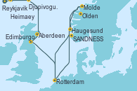 Visitando Reykjavik (Islandia), Heimaey (Islas Westmann/Islandia), Djupivogur (Islandia), Aberdeen (Escocia), Edimburgo (Escocia), Rotterdam (Holanda), Haugesund (Noruega), Molde (Noruega), Olden (Noruega), SANDNESS (STAVANGER), Rotterdam (Holanda)