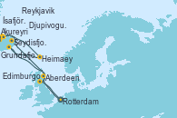 Visitando Rotterdam (Holanda), Seydisfjordur (Islandia), Akureyri (Islandia), Ísafjörður (Islandia), Grundafjord (Islandia), Reykjavik (Islandia), Heimaey (Islas Westmann/Islandia), Djupivogur (Islandia), Aberdeen (Escocia), Edimburgo (Escocia), Rotterdam (Holanda)