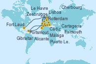 Visitando Rotterdam (Holanda), Lisboa (Portugal), Lisboa (Portugal), Cádiz (España), Málaga, Alicante (España), Cartagena (Murcia), Gibraltar (Inglaterra), Puerto Leixões (Portugal), Rotterdam (Holanda), Zeebrugge (Bruselas), Le Havre (Francia), Cherbourg (Francia), Portsmouth (Dominica), Falmouth (Gran Bretaña), Fort Lauderdale (Florida/EEUU)