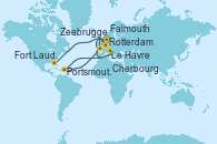 Visitando Rotterdam (Holanda), Zeebrugge (Bruselas), Le Havre (Francia), Cherbourg (Francia), Portsmouth (Dominica), Falmouth (Gran Bretaña), Fort Lauderdale (Florida/EEUU)