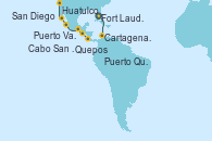Visitando Fort Lauderdale (Florida/EEUU), Cartagena de Indias (Colombia), Quepos (Costa Rica), Puerto Quetzal (Guatemala), Huatulco (México), Puerto Vallarta (México), Cabo San Lucas (México), San Diego (California/EEUU)