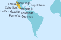 Visitando San Diego (California/EEUU), Cabo San Lucas (México), Loreto (México), Guaymas (México), Topolobampo (México), La Paz (México), Mazatlan (México), Puerto Vallarta (México), Manzanillo (México), Ensenada (México), San Diego (California/EEUU)
