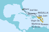 Visitando Miami (Florida/EEUU), San Juan (Puerto Rico), Virgin Gorda (Islas Virgenes), Basseterre (Antillas), Roseau (Dominica), Martinica (Antillas), Terre-de-Haut (Guadalupe), ANGUILLA/SANDY GROUND, BRITISH WEST INDIES, Jost Van Dyke (Islas Virgenes), Miami (Florida/EEUU)