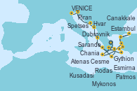 Visitando Atenas (Grecia), Gythion (Grecia), Chania (Creta/Grecia), Mykonos (Grecia), Cesme (Turquía), Kusadasi (Efeso/Turquía), Estambul (Turquía), Canakkale (Turquía), Esmirna (Turquía), Patmos (Grecia), Rodas (Grecia), Spetses (Grecia), Atenas (Grecia), Gythion (Grecia), Sarande (Albania), Dubrovnik (Croacia), Hvar (Croacia), Piran (Eslovenia), VENICE (FUSINA) - ITALY