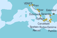 Visitando Estambul (Turquía), Canakkale (Turquía), Esmirna (Turquía), Patmos (Grecia), Rodas (Grecia), Spetses (Grecia), Atenas (Grecia), Gythion (Grecia), Sarande (Albania), Dubrovnik (Croacia), Hvar (Croacia), Piran (Eslovenia), VENICE (FUSINA) - ITALY