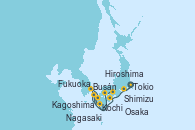 Visitando Tokio (Japón), Kochi (Japón), Kagoshima (Japón), Nagasaki (Japón), Busán (Corea del Sur), Fukuoka (Japón), Hiroshima (Japón), Osaka (Japón), Osaka (Japón), Shimizu (Japón), Tokio (Japón)