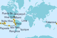 Visitando Miami (Florida/EEUU), Guayaquil (Ecuador), Puerto Bolívar, Machala (Ecuador), Lima (Callao/Perú), Lima (Callao/Perú), Pisco (Perú), Iquique (Chile), Isla Pascua (Chile), Isla Pascua (Chile), Nuku Hiva (Polinesia Francesa), Hiva Oa (Islas Marquesas/Polinesia Francesa), Fakarava (Polinesia Francesa), Rangiroa (Polinesia Francesa), Papeete (Tahití), Papeete (Tahití)