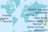 Visitando Papeete (Tahití), BAHIA D' OPUNOHA, MOOREA, Bora Bora (Polinesia), Arutanga (Aitutaki, Islas Cook), Nukualofa (Tongatapu), WHANGAREI, NUEVA ZELANDA, Auckland (Nueva Zelanda), Tauranga (Nueva Zelanda), Napier (Nueva Zelanda), Wellington (Nueva Zelanda), Picton (Australia), Kaikoura (Nueva Zelanda), Akaroa (Nueva Zelanda), Timaru (Nueva Zelanda), Port Chalmers (Nueva Zelanda), OBAN (HALFMOON BAY), Sydney (Australia)