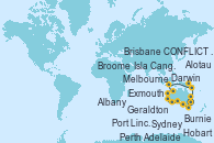 Visitando Sydney (Australia), Sydney (Australia), Hobart (Australia), Hobart (Australia), Burnie (Tasmania/Australia), Melbourne (Australia), Adelaide (Australia), Isla Canguro (Australia), Port Lincoln (Australia), Albany (Australia), Perth (Australia), Geraldton (Australia), Exmouth (Australia), Broome (Australia), Darwin (Australia), Darwin (Australia), Alotau (Pupúa Nueva Guinea), CONFLICT ISLANDS, Cairns (Australia), Townsville, AIRLIE BEACH, Brisbane (Australia)