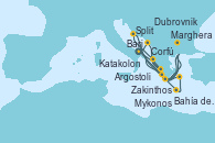 Visitando Bari (Italia), Dubrovnik (Croacia), Zakinthos (Grecia), Argostoli (Grecia), Corfú (Grecia), Split (Croacia), Marghera (Venecia/Italia), Bari (Italia), Bahía de Souda (Grecia), Mykonos (Grecia), Katakolon (Olimpia/Grecia), Marghera (Venecia/Italia), Bari (Italia)