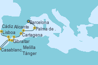 Visitando Barcelona, Palma de Mallorca (España), Alicante (España), Cartagena (Murcia), Melilla (España), Gibraltar (Inglaterra), Casablanca (Marruecos), Tánger (Marruecos), Cádiz (España), Lisboa (Portugal)