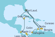 Visitando Fort Lauderdale (Florida/EEUU), Aruba (Antillas), Cartagena de Indias (Colombia), Lago Gatun (Panamá), Colón (Panamá), Puerto Limón (Costa Rica), Gran Caimán (Islas Caimán), Fort Lauderdale (Florida/EEUU), Bonaire (Países Bajos), Aruba (Antillas), Curacao (Antillas), Fort Lauderdale (Florida/EEUU)