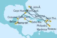 Visitando Fort Lauderdale (Florida/EEUU), Cayo Hueso (Key West/Florida), Gran Caimán (Islas Caimán), Ocho Ríos (Jamaica), Bahia de Mahogany (Honduras), Belize (Caribe), Cozumel (México), Fort Lauderdale (Florida/EEUU), Philipsburg (St. Maarten), St. John´s (Antigua y Barbuda), Roseau (Dominica), Martinica (Antillas), San Cristóbal y Nieves, Saint Thomas (Islas Vírgenes), Fort Lauderdale (Florida/EEUU)