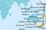Visitando Seattle (Washington/EEUU), Honolulu (Hawai), Honolulu (Hawai), Kahului (Hawai/EEUU), Port Allen, Kauai, Hawaiian, Apia (Samoa), Savusavu (Islas Fidji), Dravuni (Fiji), Lautoka (Fiyi), Suva (Fiyi), Isla Mystery (Vanuatu), Sydney (Australia), Melbourne (Australia), Hobart (Australia), Milfjord Sound (Nueva Zelanda), Port Chalmers (Nueva Zelanda), Lyttelton (Nueva Zelanda), Picton (Australia), Wellington (Nueva Zelanda), Napier (Nueva Zelanda), Tauranga (Nueva Zelanda), Auckland (Nueva Zelanda)