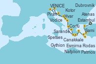 Visitando Estambul (Turquía), Canakkale (Turquía), Esmirna (Turquía), Patmos (Grecia), Rodas (Grecia), Spetses (Grecia), Atenas (Grecia), Gythion (Grecia), Sarande (Albania), Dubrovnik (Croacia), Hvar (Croacia), Piran (Eslovenia), VENICE (FUSINA) -  ITALY, Vodice (Croacia), Kotor (Montenegro), Corfú (Grecia), Sami (Cefalonia/Grecia), Nafplion (Grecia), Atenas (Grecia)