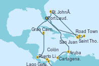 Visitando Fort Lauderdale (Florida/EEUU), Aruba (Antillas), Cartagena de Indias (Colombia), Lago Gatun (Panamá), Colón (Panamá), Puerto Limón (Costa Rica), Gran Caimán (Islas Caimán), Fort Lauderdale (Florida/EEUU), St. John´s (Antigua y Barbuda), Saint Thomas (Islas Vírgenes), Road Town (Isla Tórtola/Islas Vírgenes), San Juan (Puerto Rico), Fort Lauderdale (Florida/EEUU)