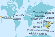 Visitando Sydney (Australia), Sydney (Australia), Hobart (Australia), Hobart (Australia), Burnie (Tasmania/Australia), Melbourne (Australia), Adelaide (Australia), Isla Canguro (Australia), Port Lincoln (Australia), Albany (Australia), Perth (Australia), Geraldton (Australia), Exmouth (Australia), Broome (Australia), Darwin (Australia), Darwin (Australia), Alotau (Pupúa Nueva Guinea), CONFLICT ISLANDS, Cairns (Australia), Townsville, AIRLIE BEACH, Brisbane (Australia), Caracas, Venezuela, Nouméa (Nueva Caledonia), Isla Mystery (Vanuatu), Lautoka (Fiyi), Suva (Fiyi), Savusavu (Islas Fidji), Apia (Samoa), Honolulu (Hawai), Kailua Kona (Hawai/EEUU), Puerto Vallarta (México), Huatulco (México), Puerto Chiapas (México), Puerto Quetzal (Guatemala), Punta Arenas (Chile), Cartagena de Indias (Colombia), Miami (Florida/EEUU)