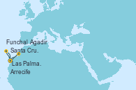 Visitando Las Palmas de Gran Canaria (España), Santa Cruz de la Palma (España), Funchal (Madeira), Santa Cruz de Tenerife (España), Arrecife (Lanzarote/España), Agadir (Marruecos), Las Palmas de Gran Canaria (España)