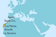 Visitando Las Palmas de Gran Canaria (España), La Gomera (Islas Canarias/España), Santa Cruz de la Palma (España), Santa Cruz de Tenerife (España), Arrecife (Lanzarote/España), Agadir (Marruecos), Las Palmas de Gran Canaria (España)