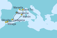 Visitando Barcelona, Cartagena (Murcia), Málaga, Gibraltar (Inglaterra), Mahón (Menorca/España), Saint Tropez (Francia), Marsella (Francia)