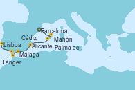 Visitando Barcelona, Mahón (Menorca/España), Palma de Mallorca (España), Alicante (España), Málaga, Tánger (Marruecos), Cádiz (España), Lisboa (Portugal)