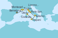 Visitando Barcelona, Toulon (Francia), Montecarlo (Mónaco), Livorno, Pisa y Florencia (Italia), Porto Santo Stefano (Italia), Olbia (Cerdeña), Trapani (Italia), Salerno (Italia), Civitavecchia (Roma)