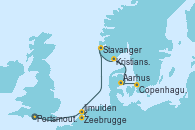 Visitando Portsmouth (Inglaterra), Zeebrugge (Bruselas), Ijmuiden (Ámsterdam), Ijmuiden (Ámsterdam), Stavanger (Noruega), Kristiansand (Noruega), Aarhus (Dinamarca), Copenhague (Dinamarca)