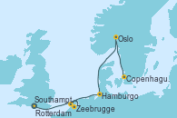 Visitando Southampton (Inglaterra), Zeebrugge (Bruselas), Rotterdam (Holanda), Rotterdam (Holanda), Hamburgo (Alemania), Hamburgo (Alemania), Oslo (Noruega), Copenhague (Dinamarca), Copenhague (Dinamarca)
