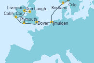 Visitando Oslo (Noruega), Kristiansand (Noruega), Ijmuiden (Ámsterdam), Ijmuiden (Ámsterdam), Dover (Inglaterra), Dover (Inglaterra), Plymouth (Inglaterra), Cobh, Cork (Irlanda), Dun Laoghaire (Dublin/Irlanda), Liverpool (Reino Unido)