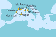 Visitando Civitavecchia (Roma), Livorno, Pisa y Florencia (Italia), Portofino (Italia), Isla Rousse (Córcega), Montecarlo (Mónaco), Montecarlo (Mónaco), Sete (Francia), Mahón (Menorca/España), Barcelona