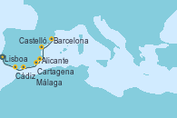 Visitando Lisboa (Portugal), Cádiz (España), Málaga, Cartagena (Murcia), Alicante (España), Castellón (España), Barcelona