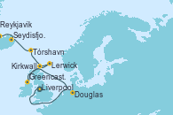 Visitando Liverpool (Reino Unido), Douglas (Reino Unido), Greencastle (Irlanda), Lerwick (Escocia), Kirkwall (Escocia), Tórshavn (Dinamarca), Seydisfjordur (Islandia), Reykjavik (Islandia), Reykjavik (Islandia)